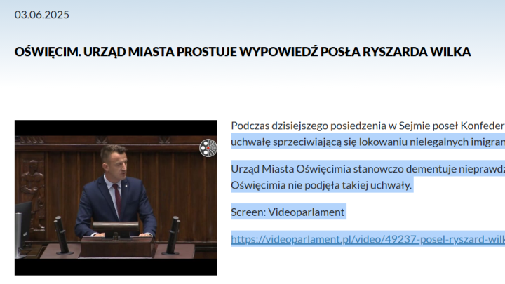 Urząd Miasta Oświęcim nie zgadza się z wypowiedzią posła Ryszarda Wilka.