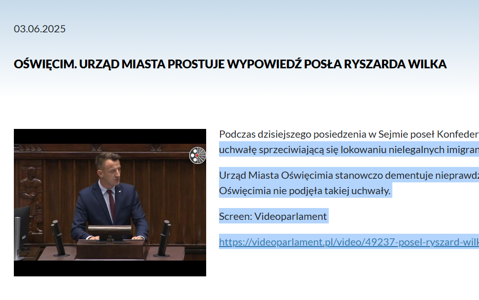 Urząd Miasta Oświęcim nie zgadza się z wypowiedzią posła Ryszarda Wilka. Urząd Miasta Oświęcim nie zgadza się z wypowiedzią posła Ryszarda Wilka.