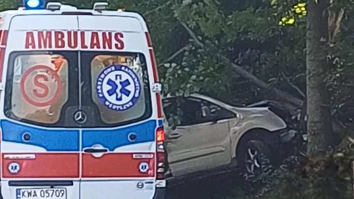 Wypadek drogowy w Bugaju – samochód uderzył w drzewo, są poszkodowani.