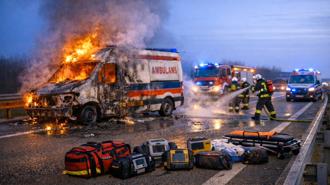 Pożar karetki na autostradzie A4. Pacjent i ratownicy ewakuowani.