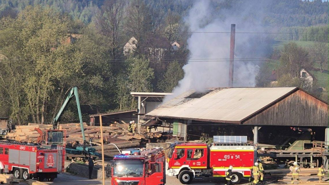 Pożar tartaku w Iwkowej. Kilkudziesięciu strażaków w akcji.